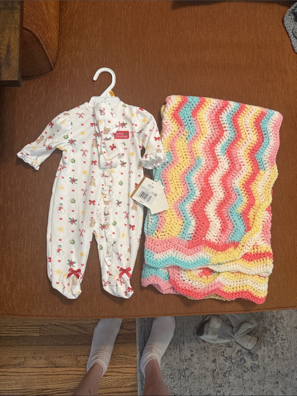 Little Me White Floral Print Footed One-Piece with Multi-Color Crochet Blanket